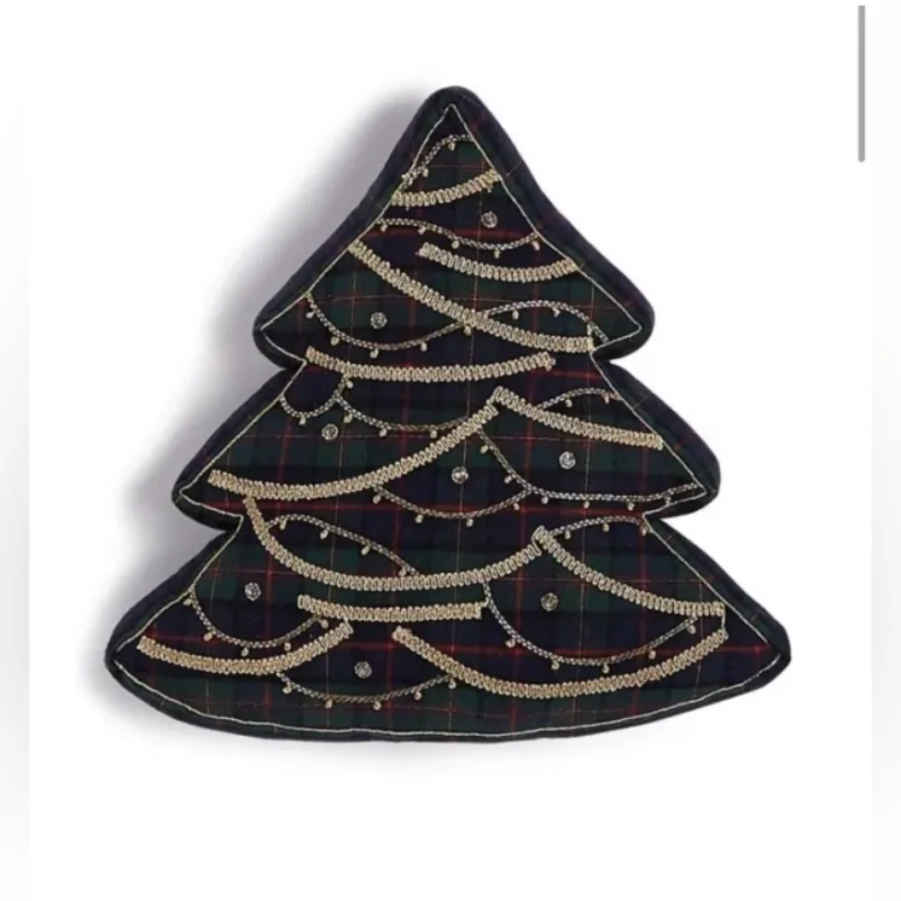 Martha Stewart Embroidered Plaid Christmas Tree Pillow 16 X 16, Green NWT $80